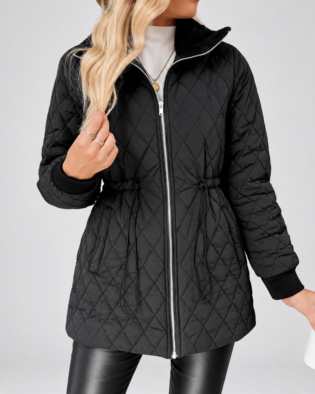 Women's Fleece Lined Long Quilted Jacket with Drawstring Waist and Zip Front