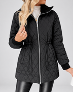 Women's Fleece Lined Long Quilted Jacket with Drawstring Waist and Zip Front