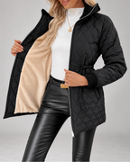 Women's Fleece Lined Long Quilted Jacket with Drawstring Waist and Zip Front