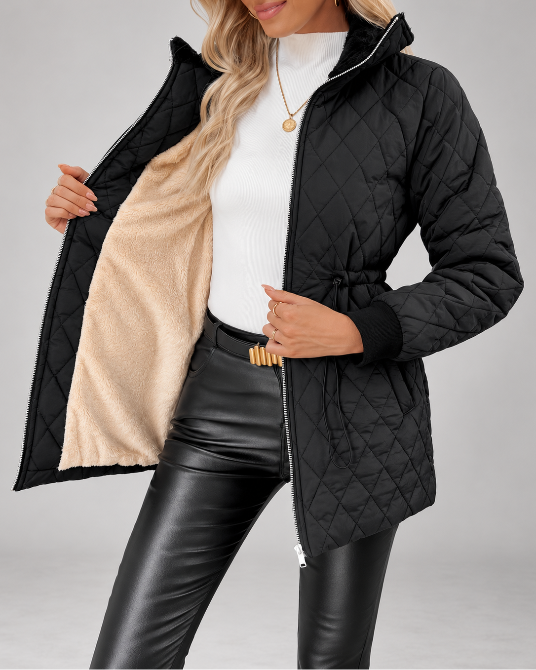 Women's Fleece Lined Long Quilted Jacket with Drawstring Waist and Zip Front