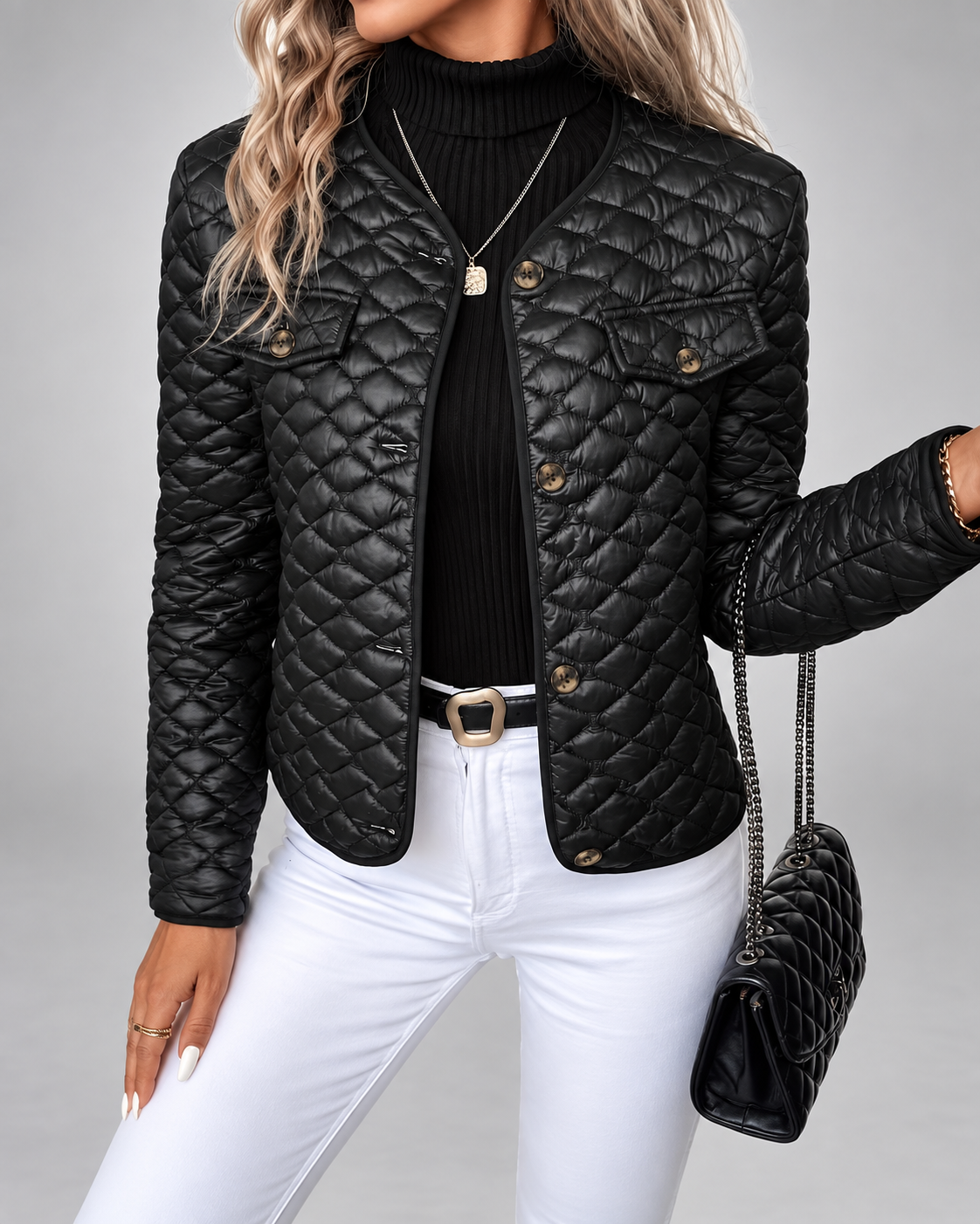 Women's Quilted Jacket with Round Neck and Button Front