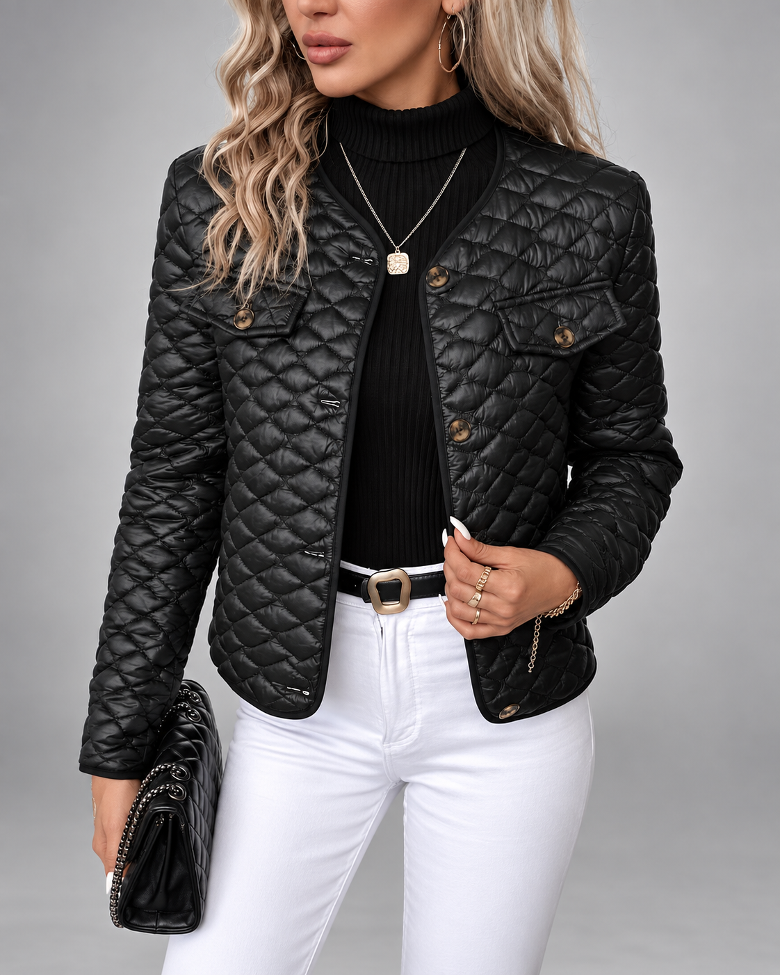 Women's Quilted Jacket with Round Neck and Button Front