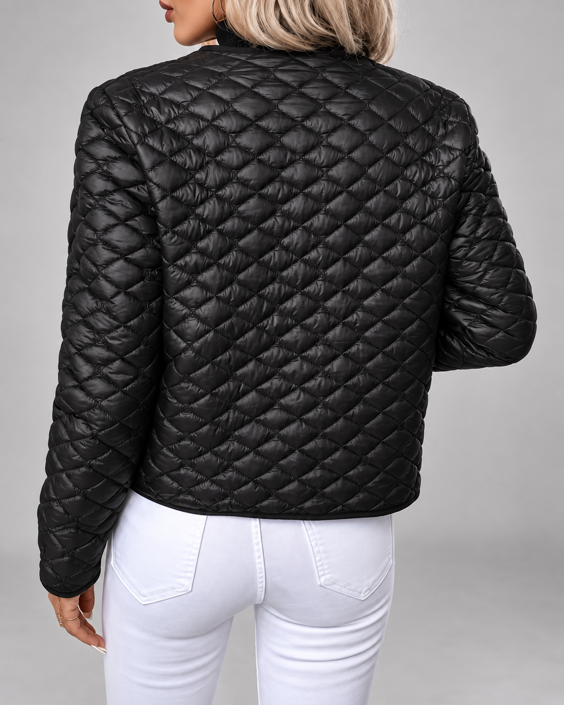 Women's Quilted Jacket with Round Neck and Button Front