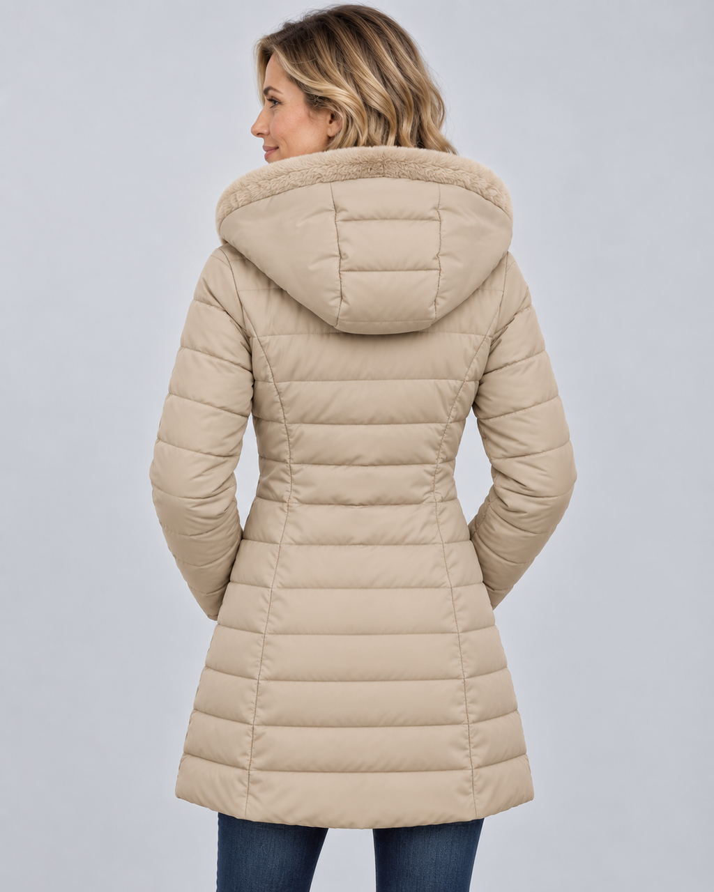 Women's Fleece Lined Hooded Puffer Coat with Mid Length