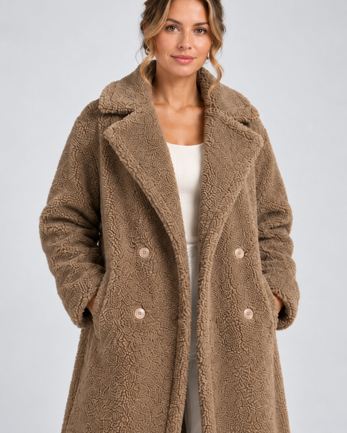 Women's Longline Teddy Fleece Coat with Double Breasted Front