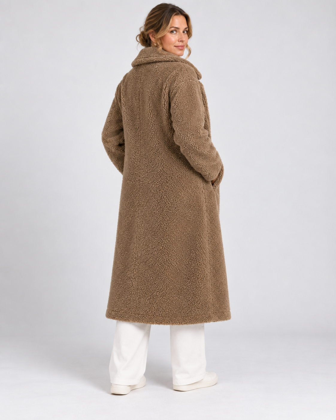 Women's Longline Teddy Fleece Coat with Double Breasted Front