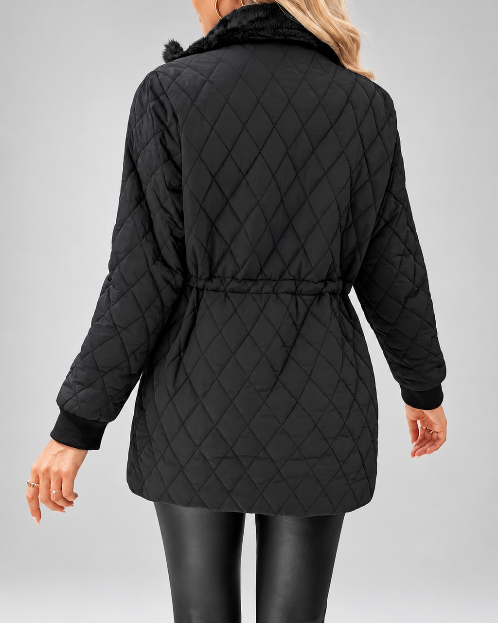 Women's Fleece Lined Long Quilted Jacket with Drawstring Waist and Zip Front