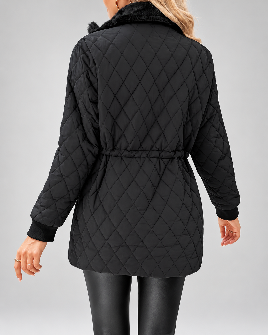 Women's Fleece Lined Long Quilted Jacket with Drawstring Waist and Zip Front