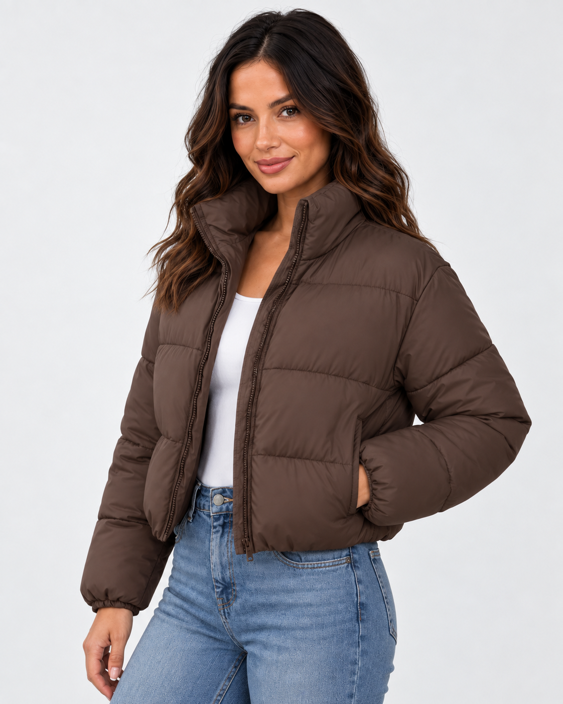Women's Cropped Padded Puffer Jacket with Stand Collar and Zip Front