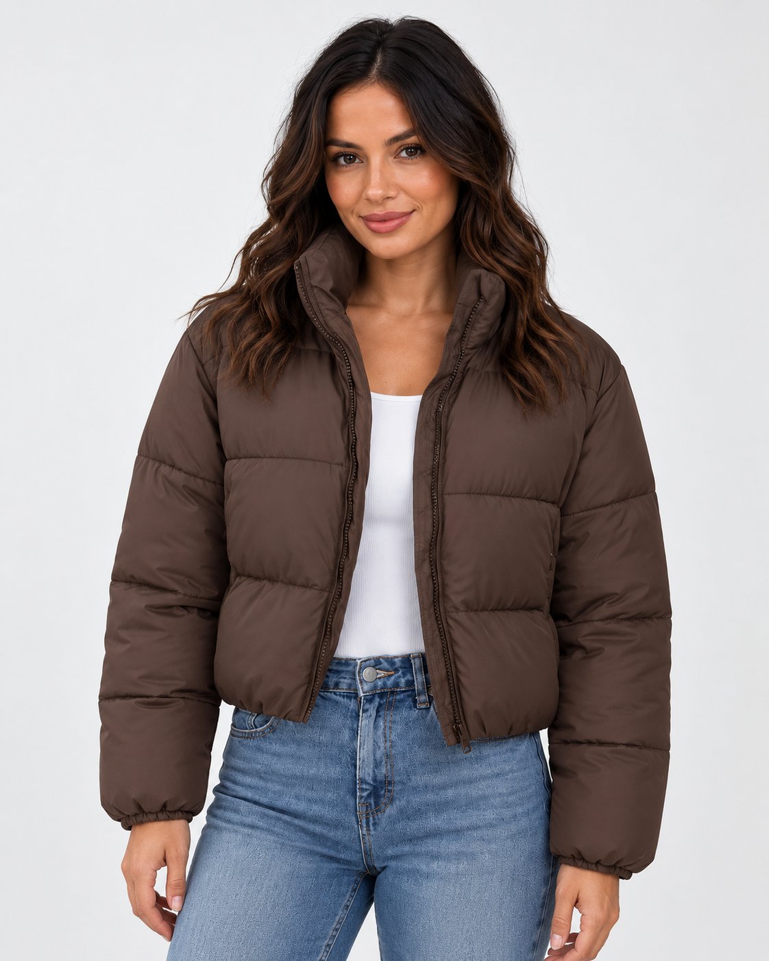 Women's Cropped Padded Puffer Jacket with Stand Collar and Zip Front
