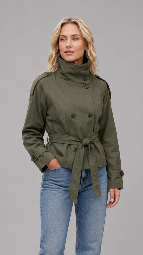 Women's Short Double Breasted Trench Coat with Belted Stand Collar