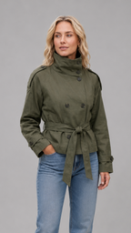 Women's Short Double Breasted Trench Coat with Belted Stand Collar