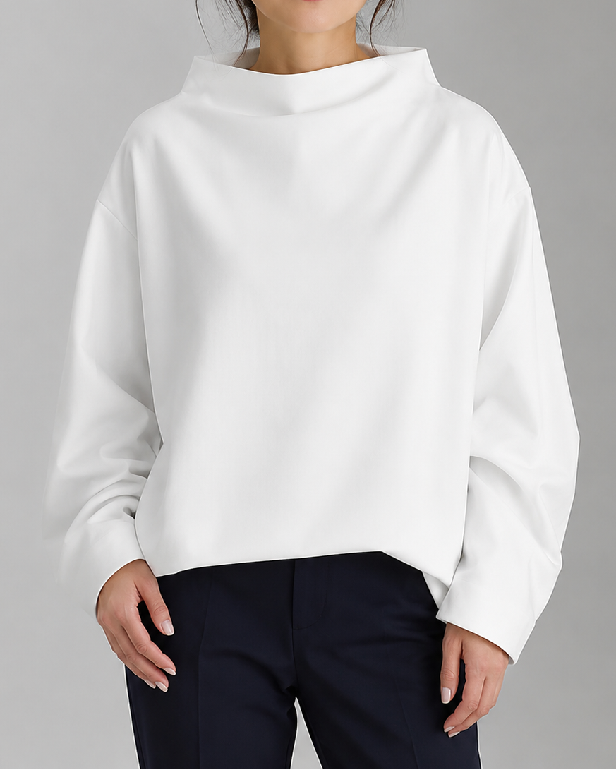 Women's High Neck Long Sleeve Top | Relaxed Fit Funnel Neck Pullover