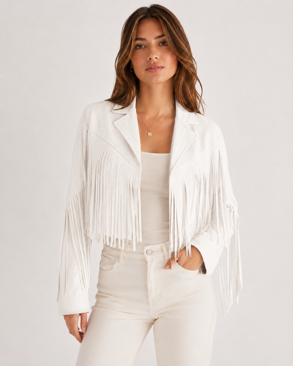 Women's Faux Suede Fringe Jacket | Lapel Collar Open Front Cropped Coat