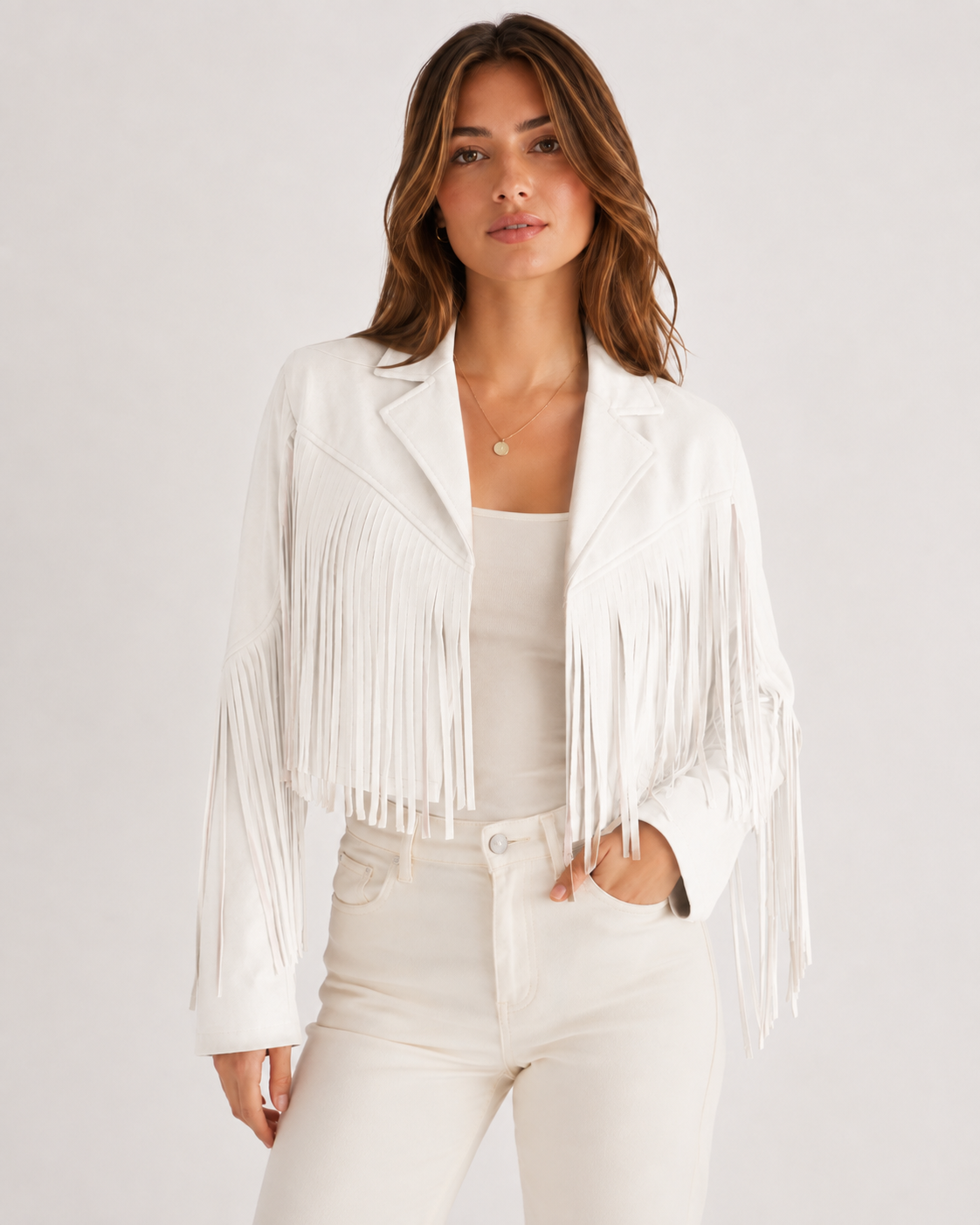 Women's Faux Suede Fringe Jacket | Lapel Collar Open Front Cropped Coat