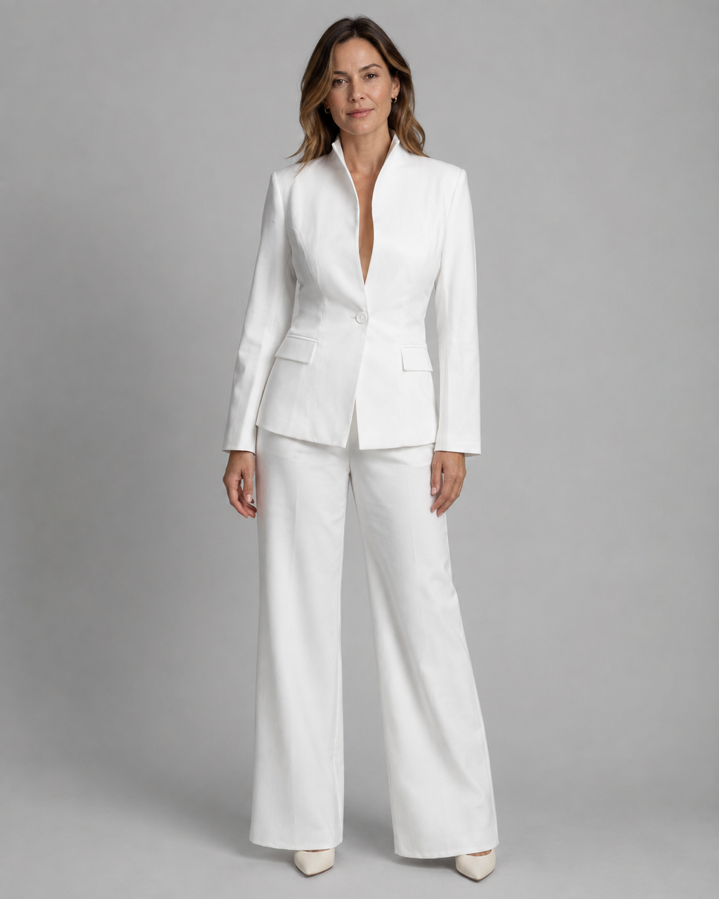 Women's Trouser Suit | Stand Collar Blazer & Flared Trousers Two Piece Set