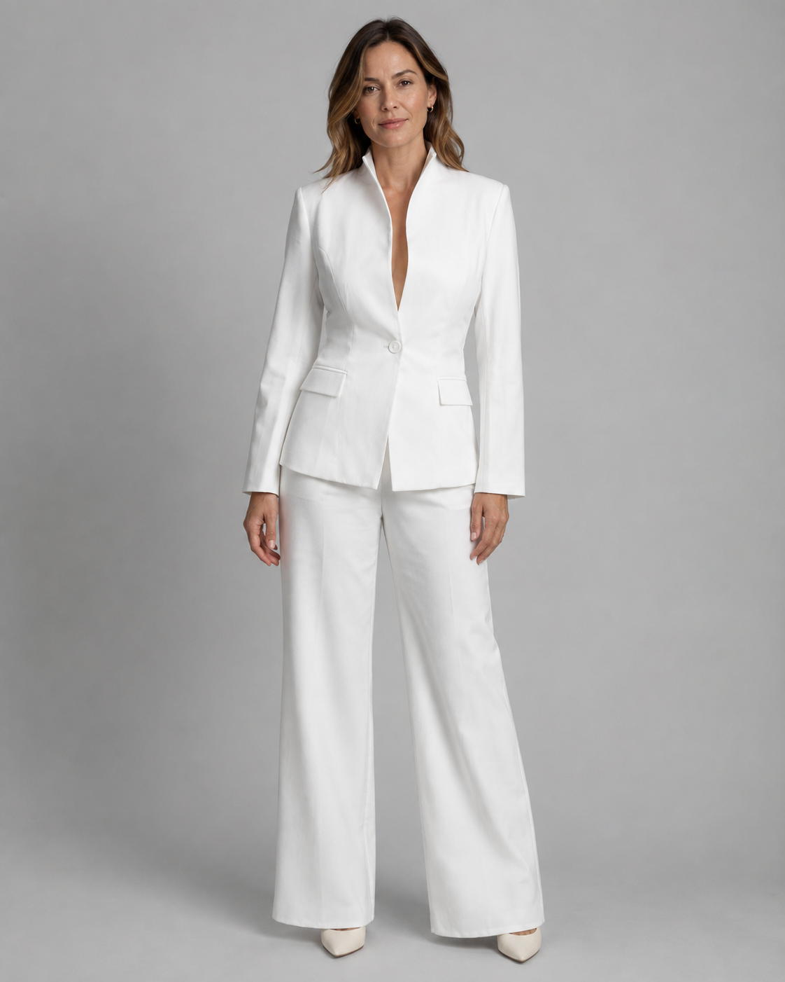 Women's Trouser Suit | Stand Collar Blazer & Flared Trousers Two Piece Set