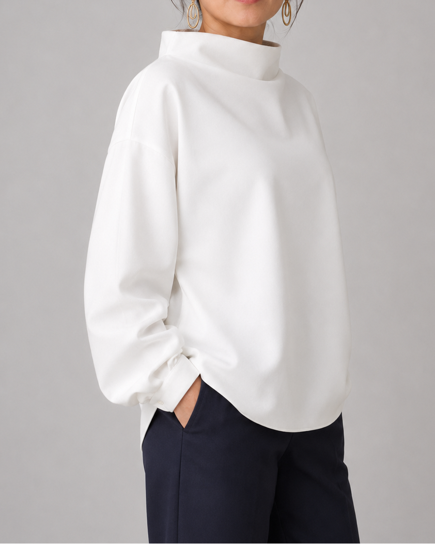 Women's High Neck Long Sleeve Top | Relaxed Fit Funnel Neck Pullover
