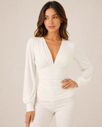 Women's Deep V Neck Blouse | Ruched Waist Long Sleeve Satin Top