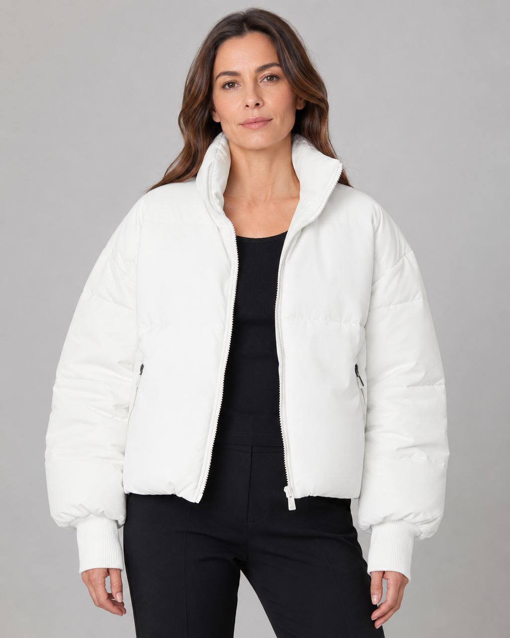 Women's Oversized Puffer Jacket with Stand Collar and Zip Front