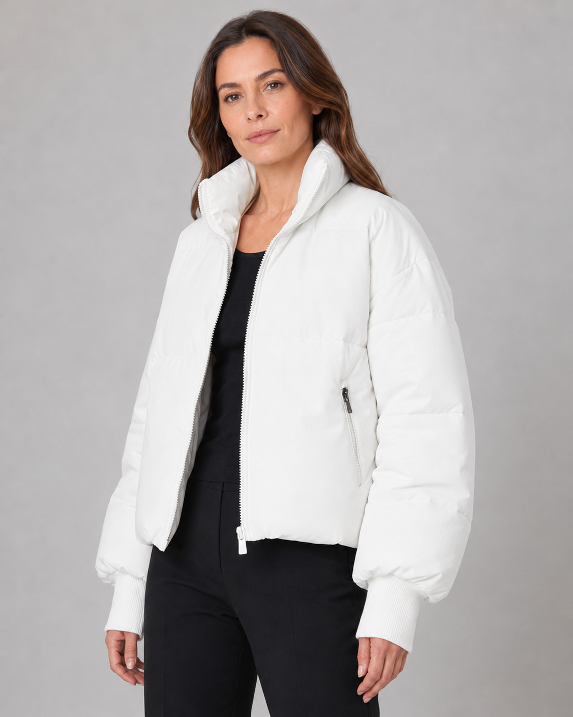 Women's Oversized Puffer Jacket with Stand Collar and Zip Front