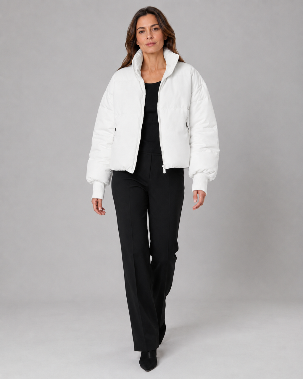 Women's Oversized Puffer Jacket with Stand Collar and Zip Front