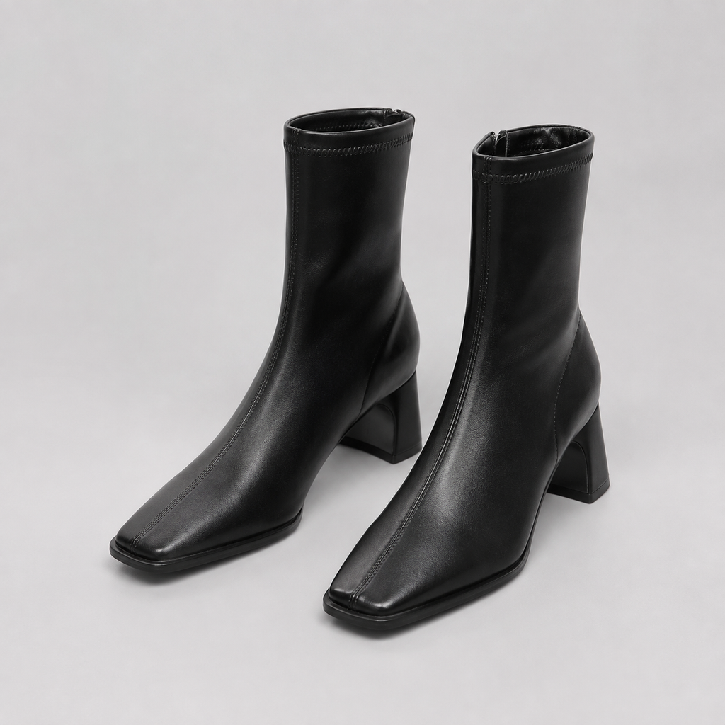 Women's Faux Leather Comfort Ankle Boots with Square Toe and Block Heel