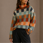 Women's Checkered Turtleneck Jumper with Relaxed Fit