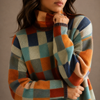 Women's Checkered Turtleneck Jumper with Relaxed Fit