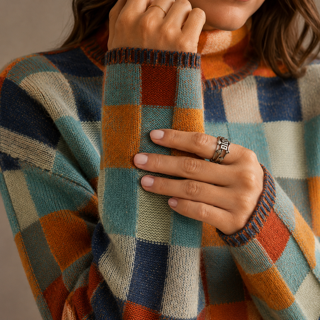 Women's Checkered Turtleneck Jumper with Relaxed Fit