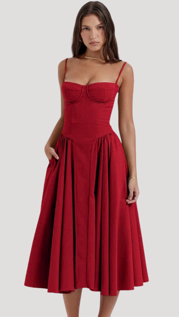 Women's Corset Midi Dress | Sweetheart Pleated A-Line Summer Dress