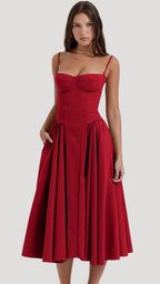 Women's Corset Midi Dress | Sweetheart Pleated A-Line Summer Dress