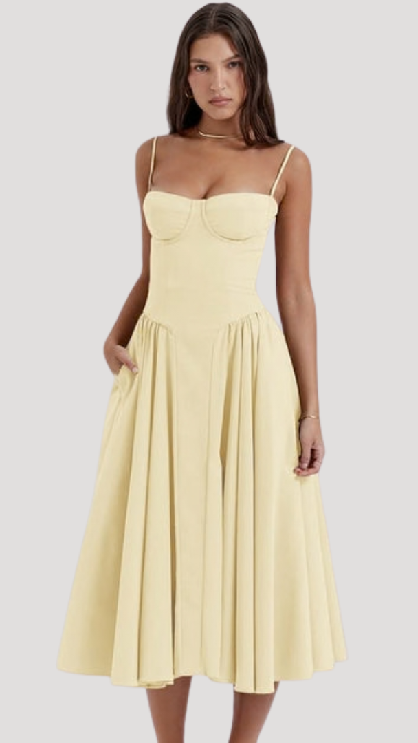 Women's Corset Midi Dress | Sweetheart Pleated A-Line Summer Dress