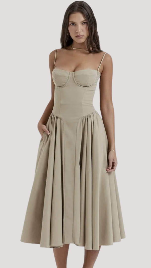 Women's Corset Midi Dress | Sweetheart Pleated A-Line Summer Dress