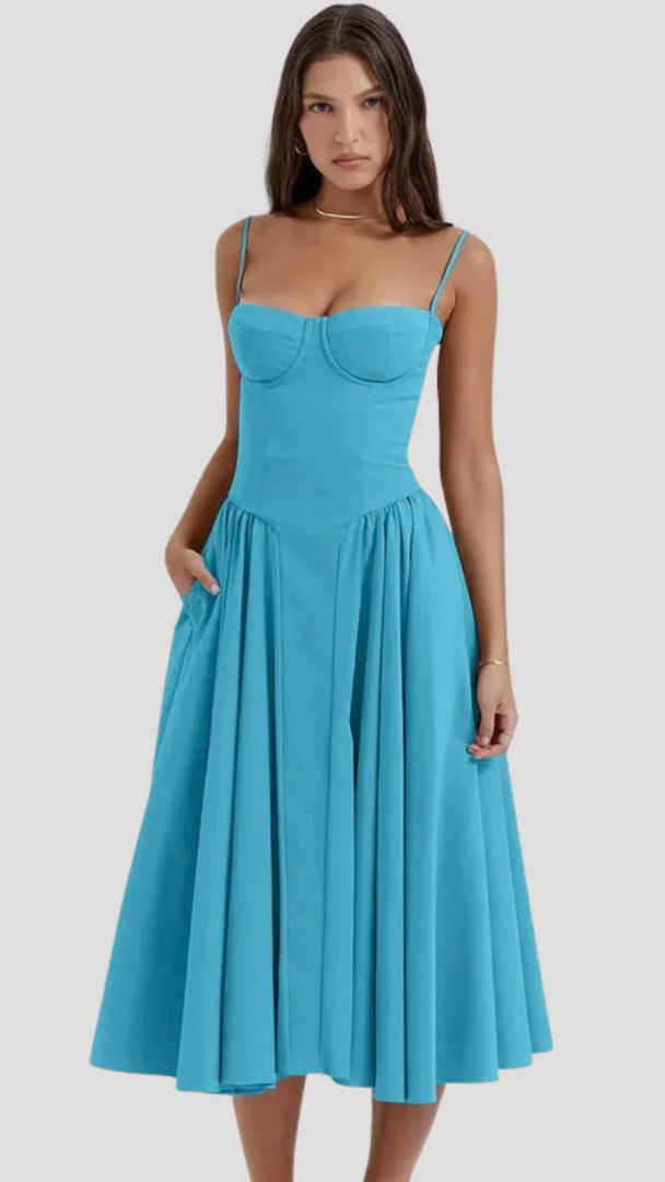 Women's Corset Midi Dress | Sweetheart Pleated A-Line Summer Dress