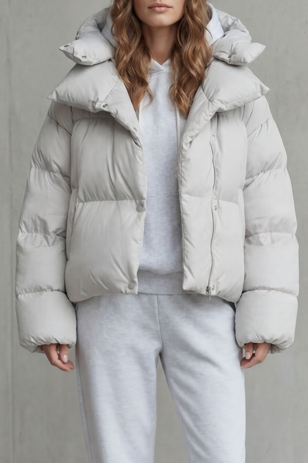 Women's Oversized Cropped Padded Puffer Jacket with Hood and Zip Front