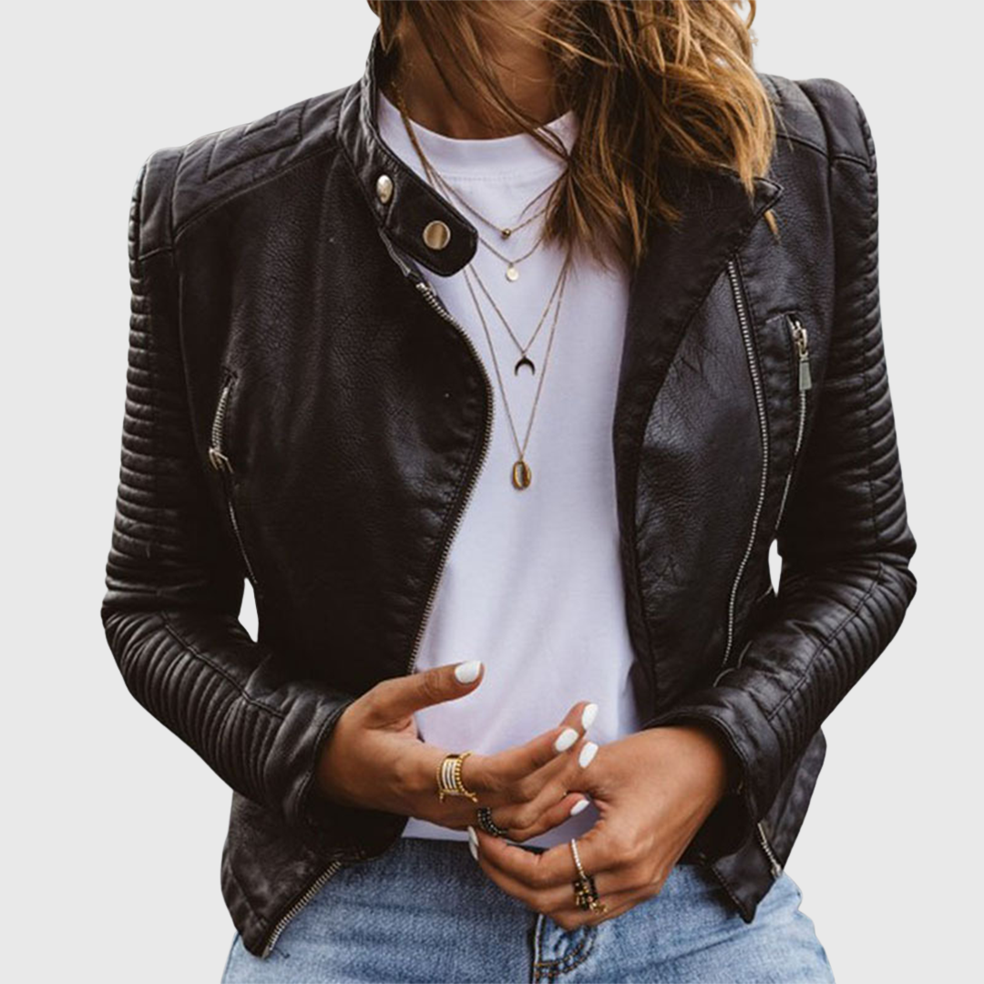 Women's Faux Leather Biker Jacket with Zip Front