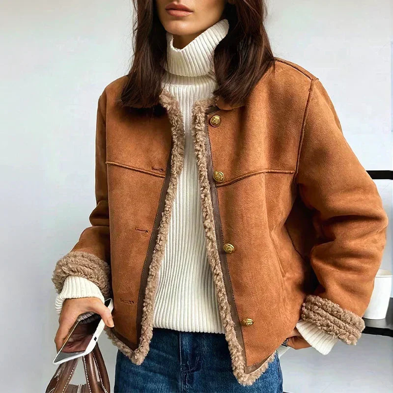 Women's Suede Look Shearling Jacket with Collar and Button Front