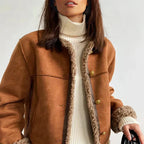 Women's Suede Look Shearling Jacket with Collar and Button Front