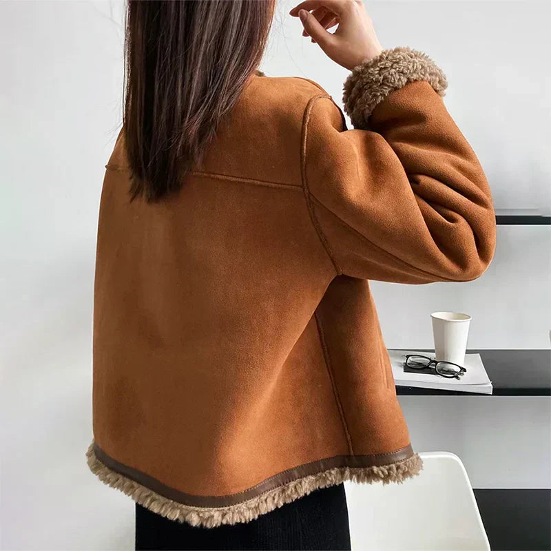 Women's Suede Look Shearling Jacket with Collar and Button Front