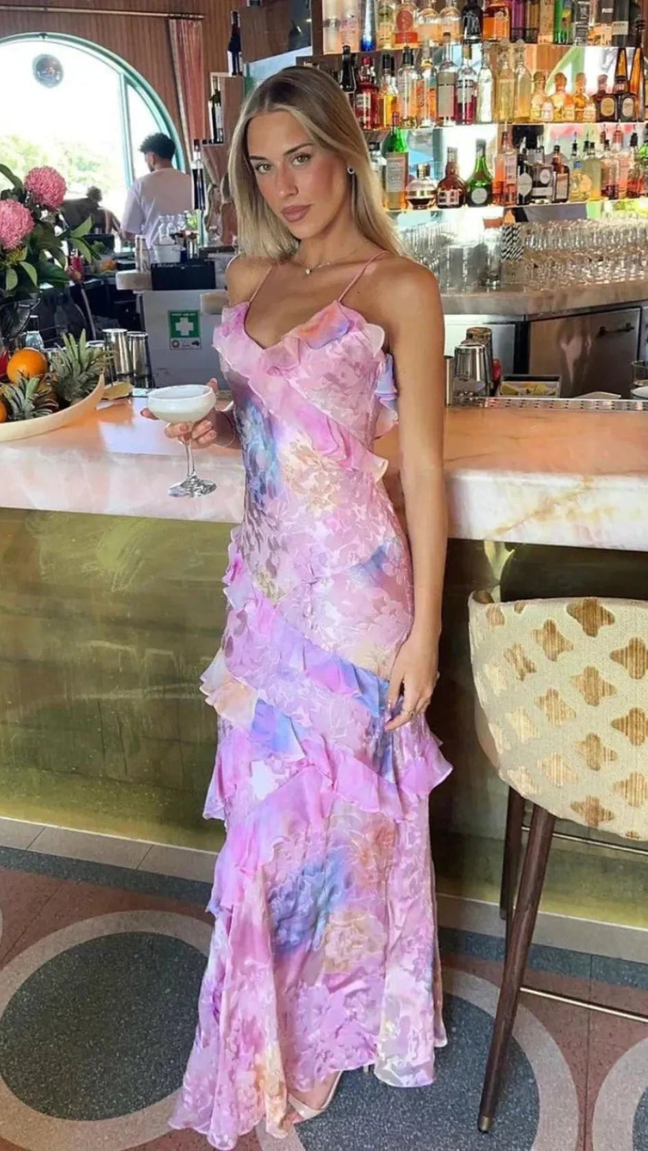 Women's Floral Maxi Dress | Spaghetti Strap Ruffle Tiered Wedding Guest