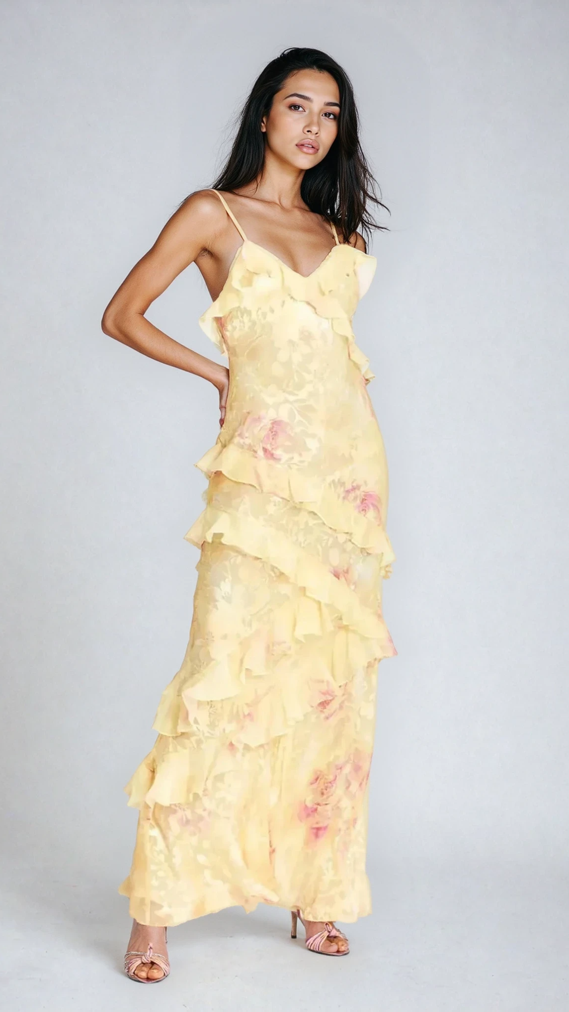 Women's Floral Maxi Dress | Spaghetti Strap Ruffle Tiered Wedding Guest