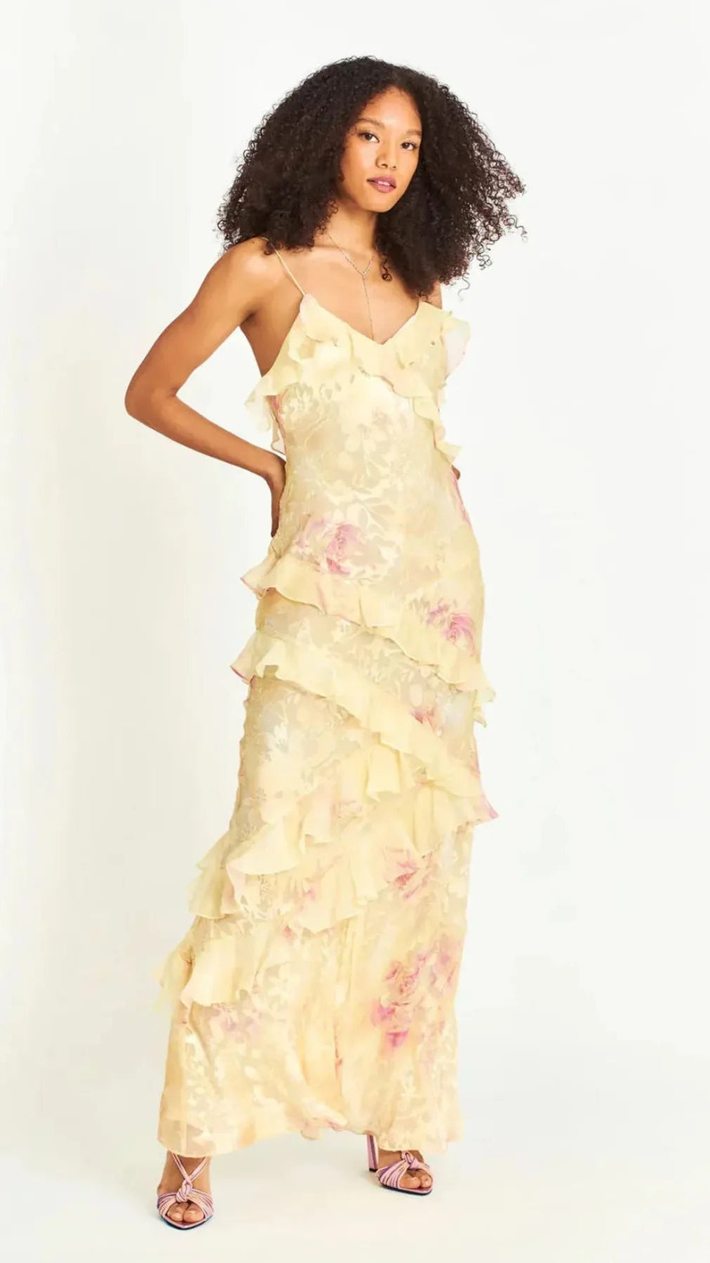 Women's Floral Maxi Dress | Spaghetti Strap Ruffle Tiered Wedding Guest