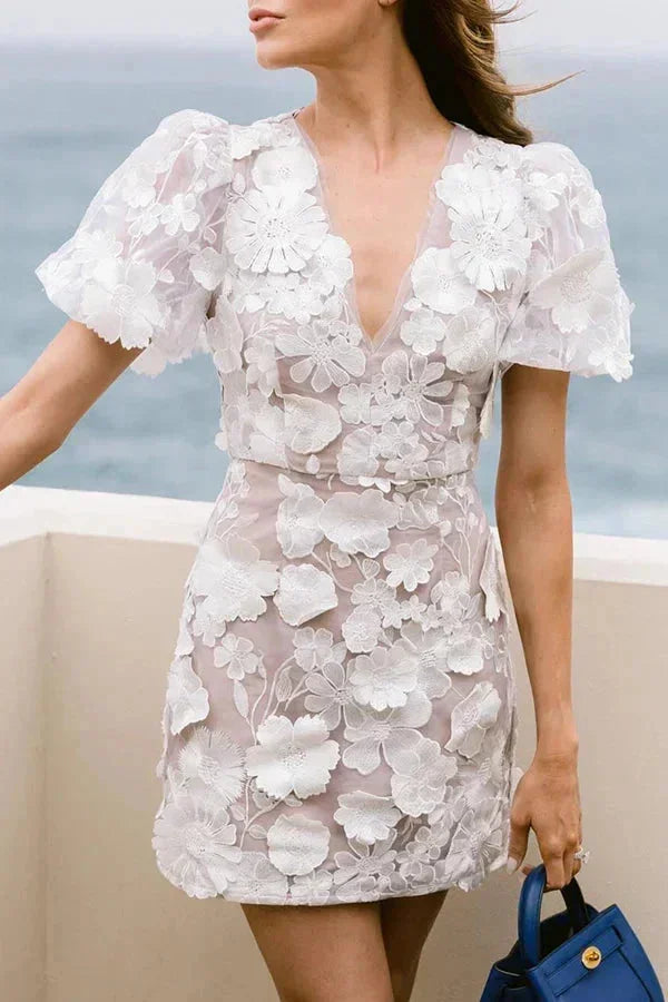 Women's Floral Mini Dress | Puff Sleeve Sheer Cocktail Party Dress