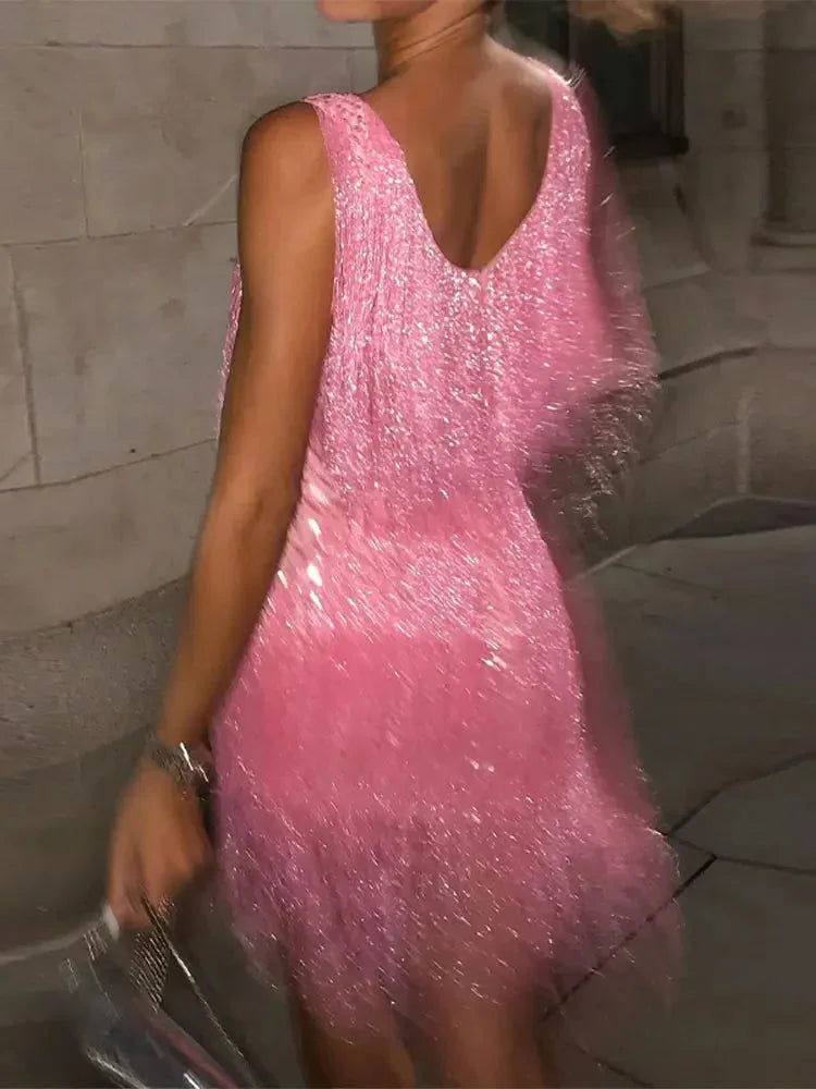 Women's Fringe Mini Dress | Sleeveless Sparkly Tassel Party Cocktail