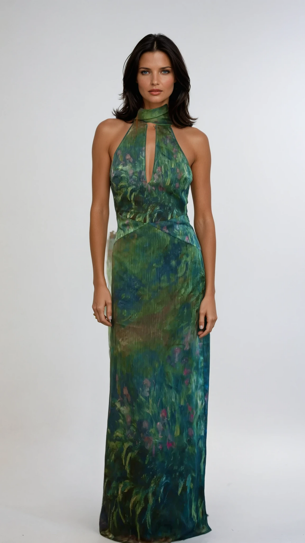 Women's Green Floral Maxi Dress | Halter Neck Open Back Evening Gown