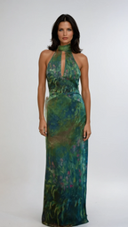 Women's Green Floral Maxi Dress | Halter Neck Open Back Evening Gown