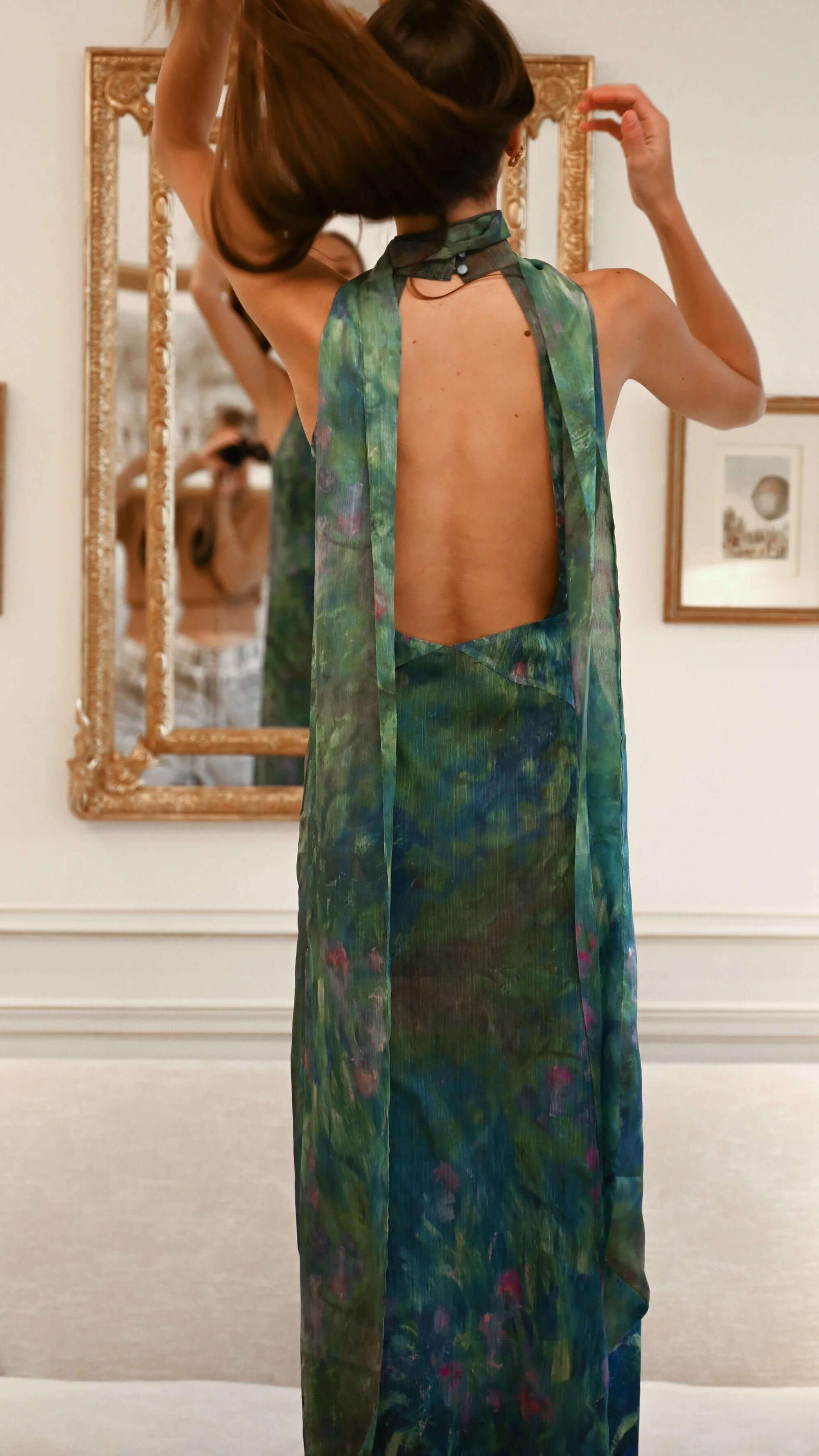 Women's Green Floral Maxi Dress | Halter Neck Open Back Evening Gown