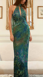 Women's Green Floral Maxi Dress | Halter Neck Open Back Evening Gown