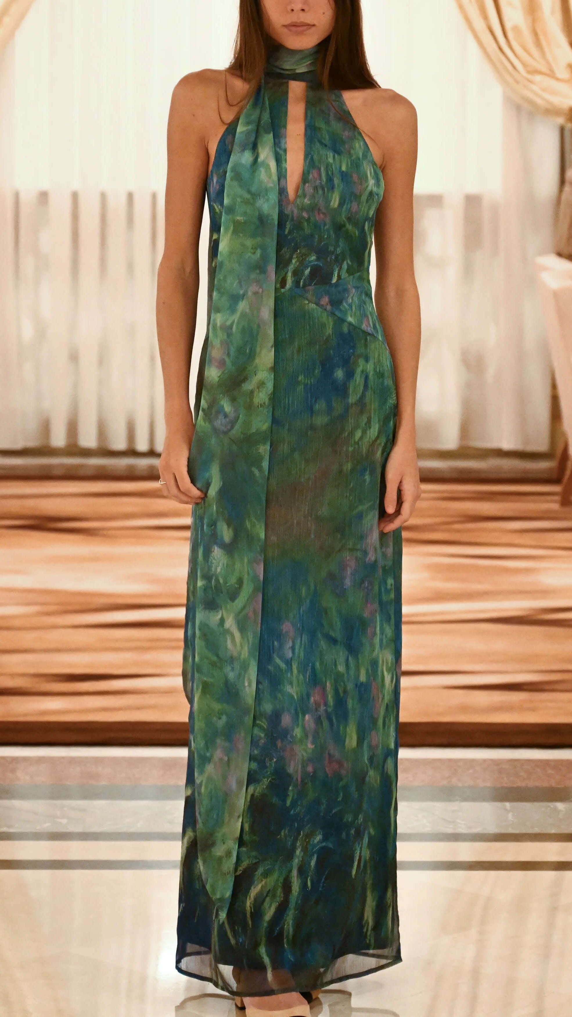 Women's Green Floral Maxi Dress | Halter Neck Open Back Evening Gown